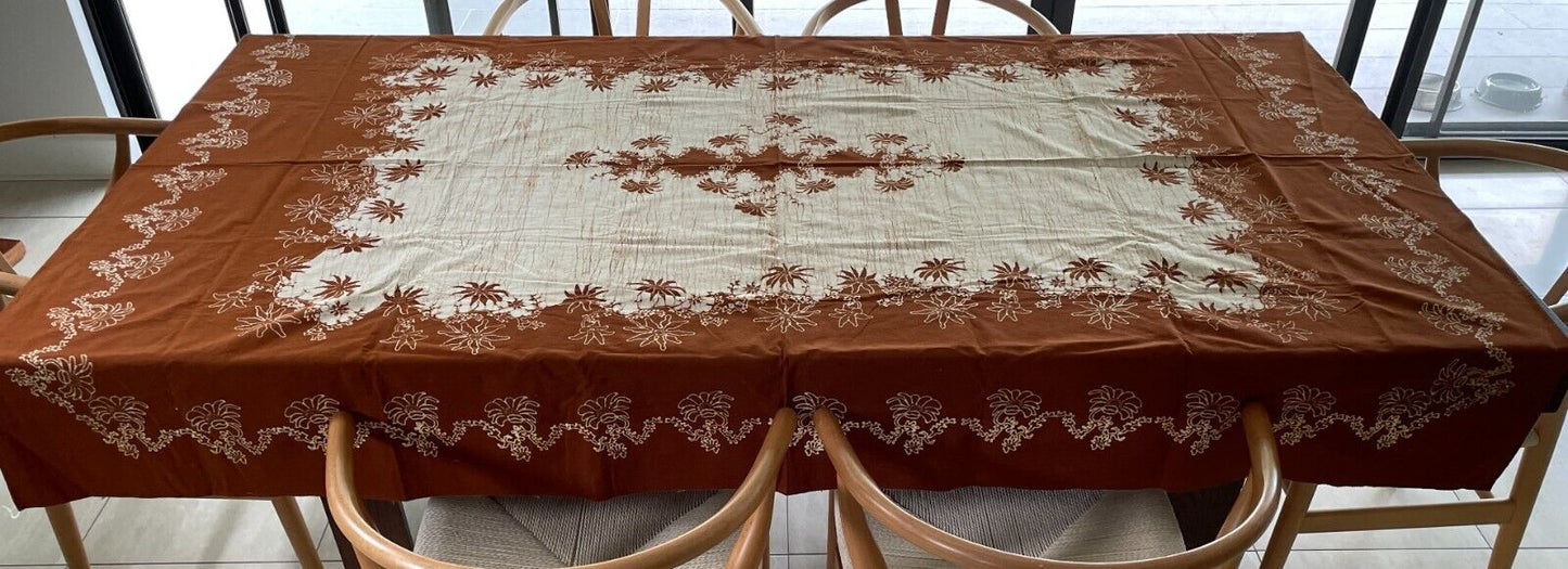 TABLE CLOTH + 6 Napkins 34cm Set 1960s Brown Off White Batik 201 x 153cm