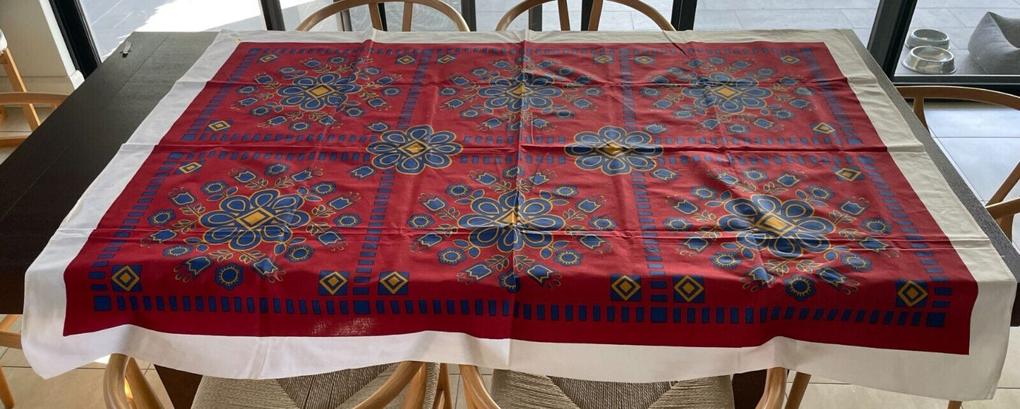 TABLE CLOTH Vintage 1960'S Cotton Maroon Gold Blue Floral Print 127 x 172cm