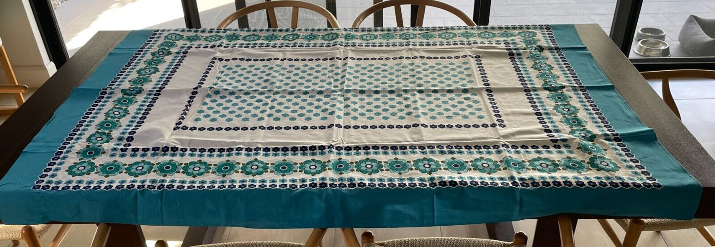 TABLE CLOTH Vintage 1960'S Cotton Blue Shades White Floral Print 127 x 176cm