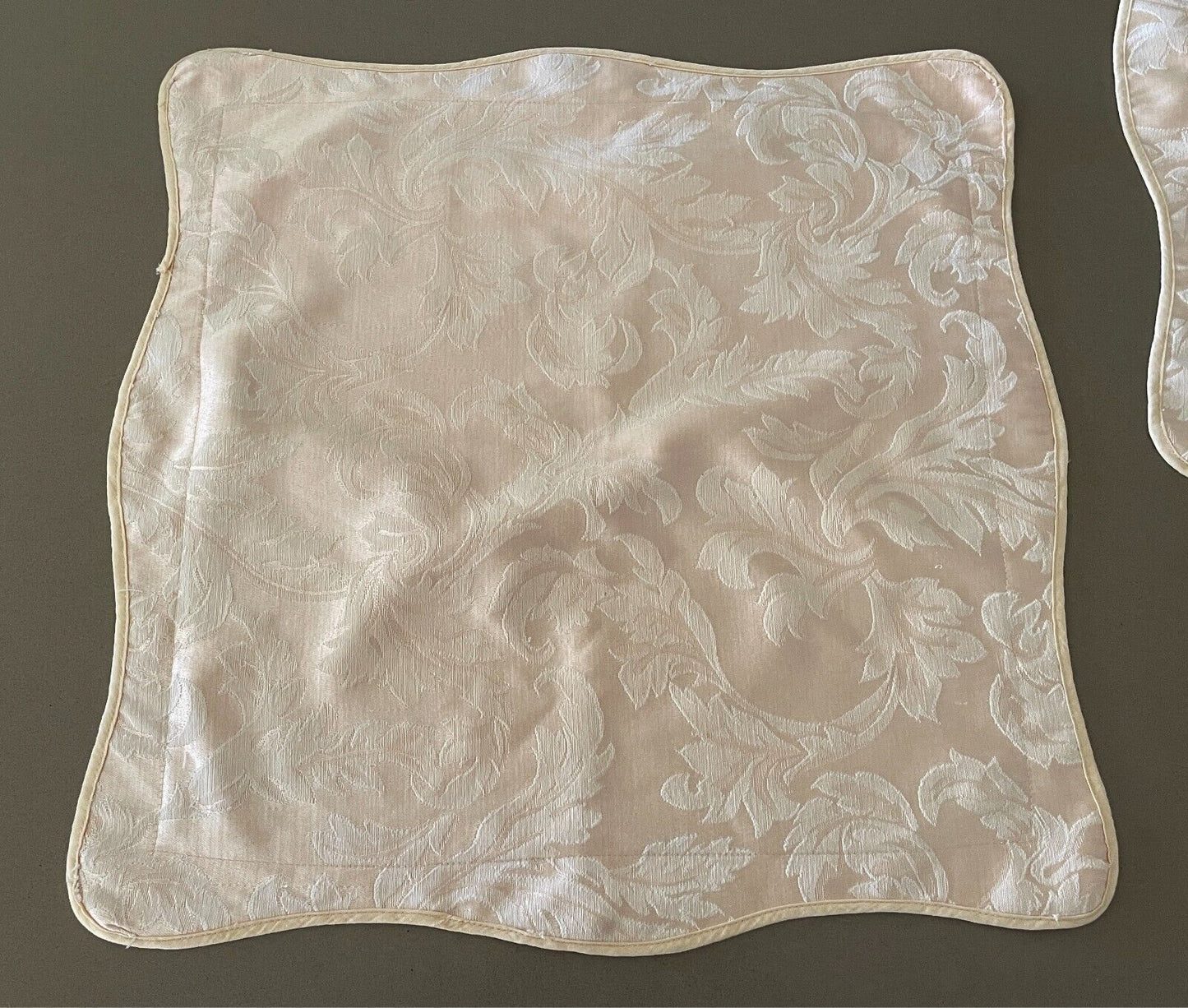 2x Cream Jacquard Fabric CUSHION COVERS Scalloped Edge Add Your Own Inserts
