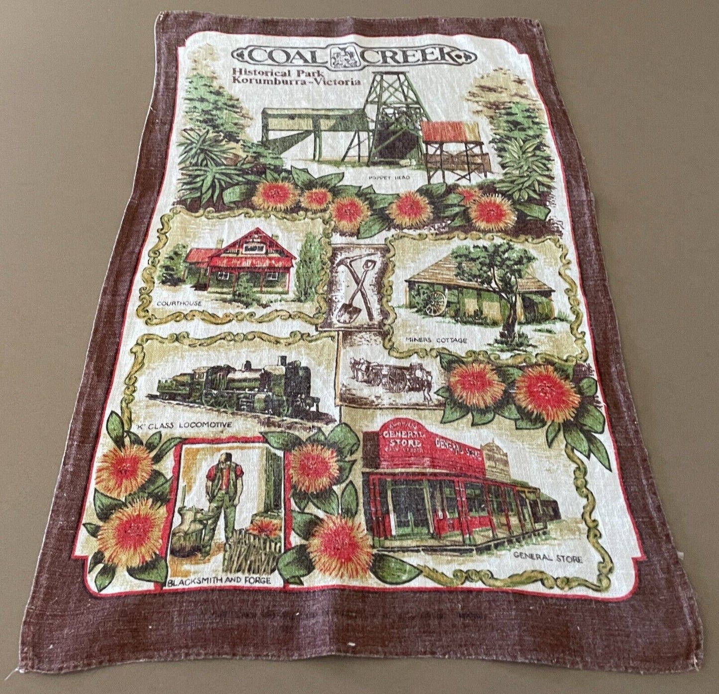 Vintage Tea Towel Coal Creek Historical Park Korumburra VIC Souvenir Nostalgic