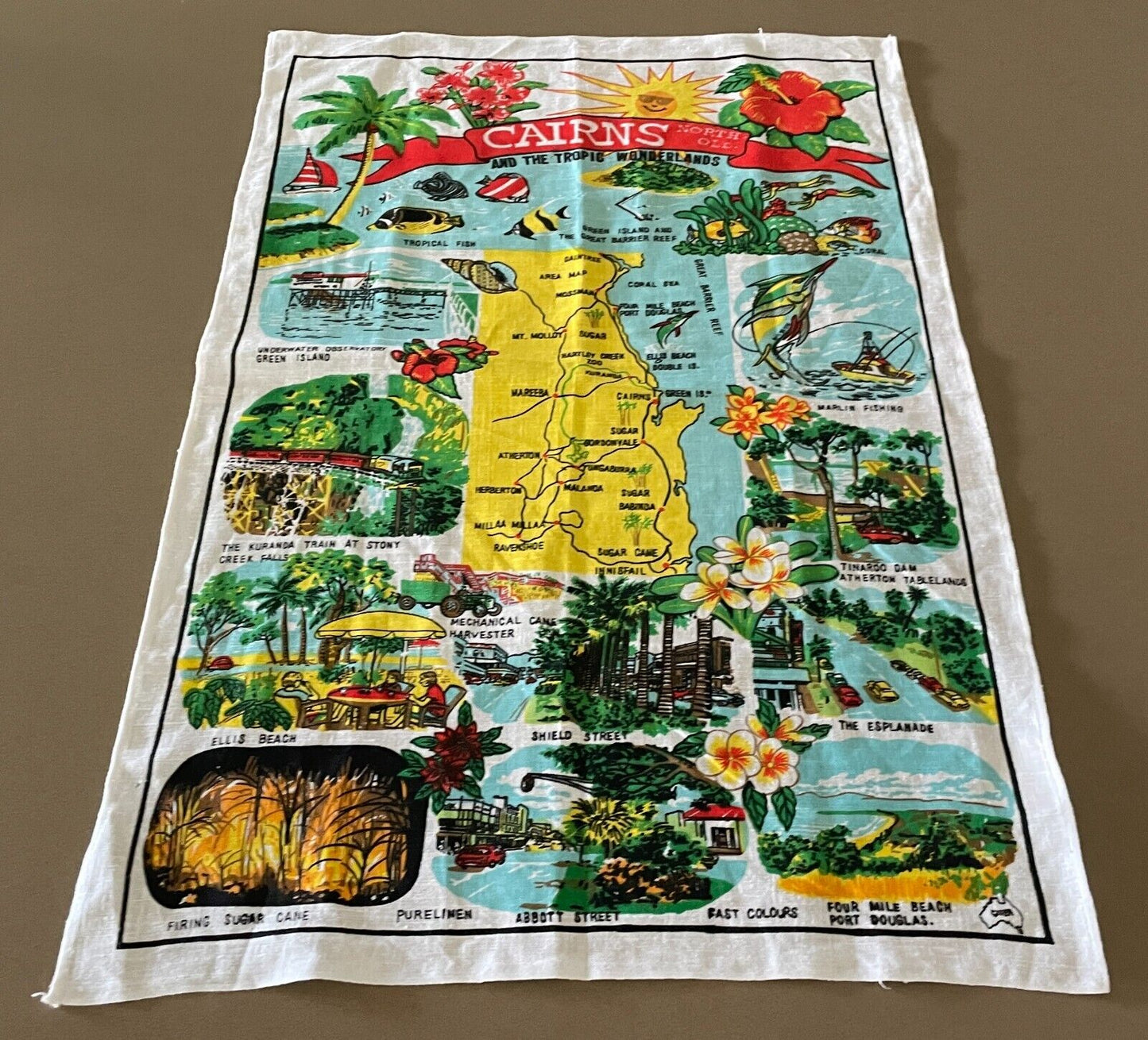 Vintage Tea Towel Cairns Tropic Wonderlands North Queensland Print Souvenir NEW