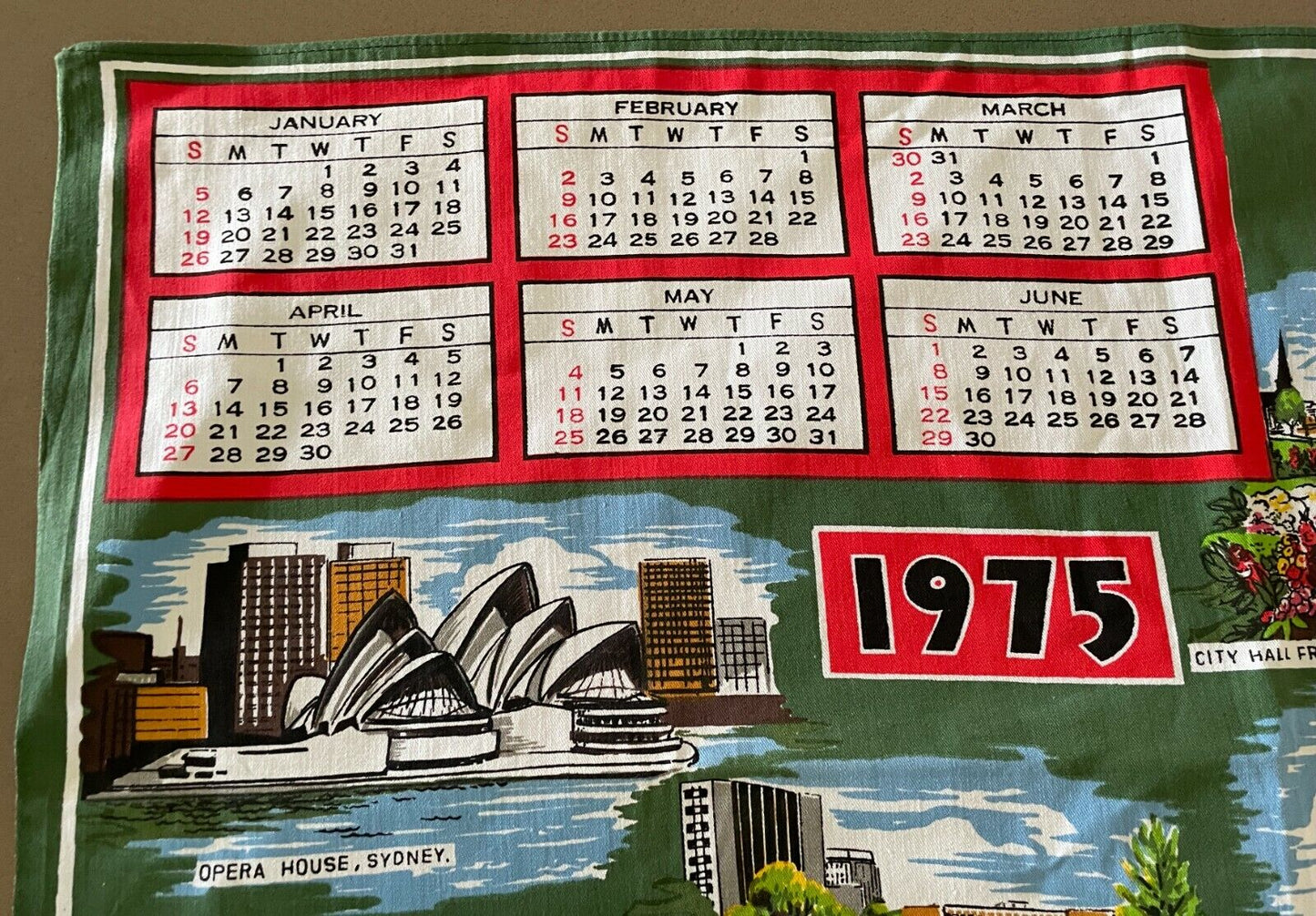 1975 Vintage Tea Towel Australian Capital Cities Calendar Year Souvenir Unused
