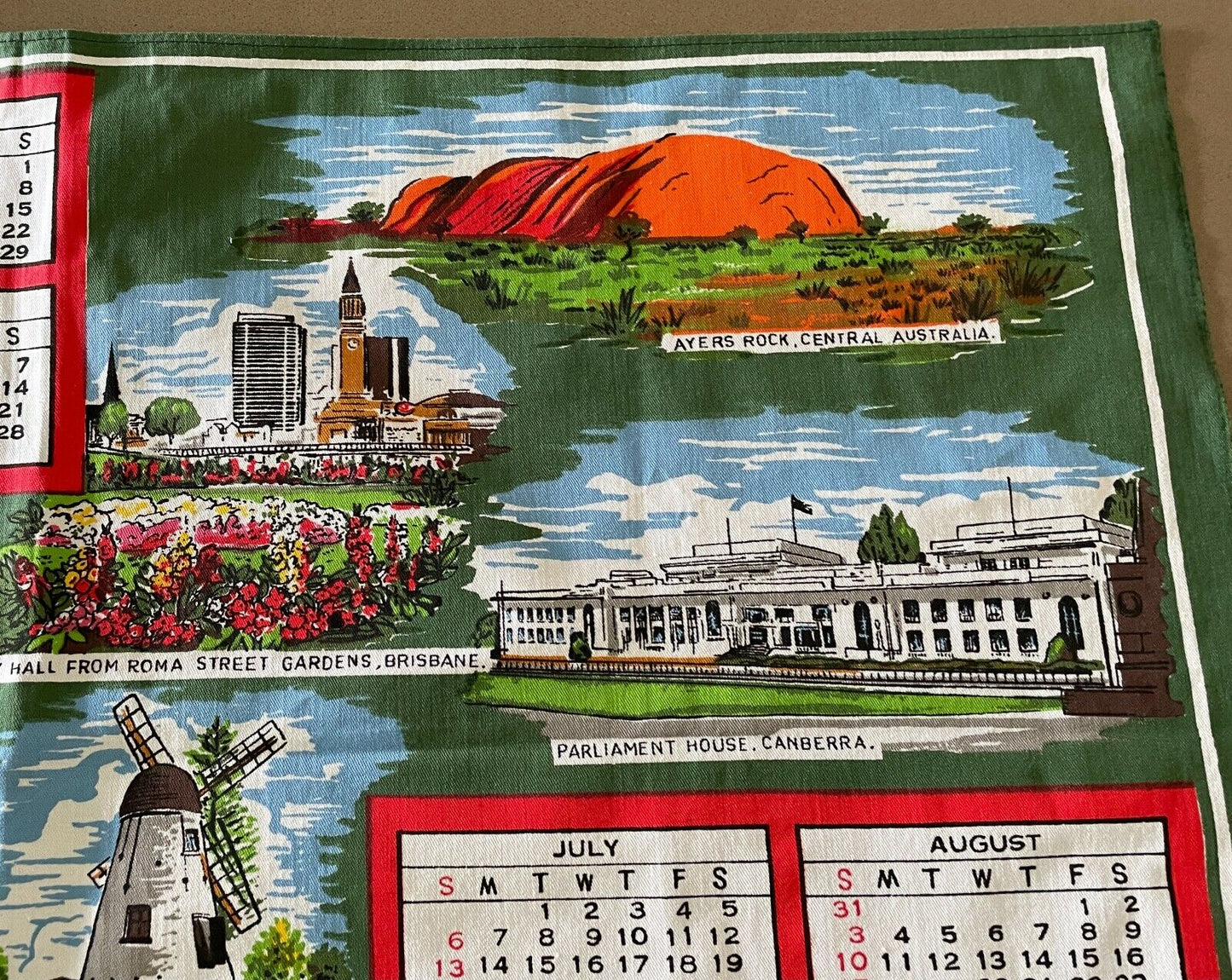 1975 Vintage Tea Towel Australian Capital Cities Calendar Year Souvenir Unused