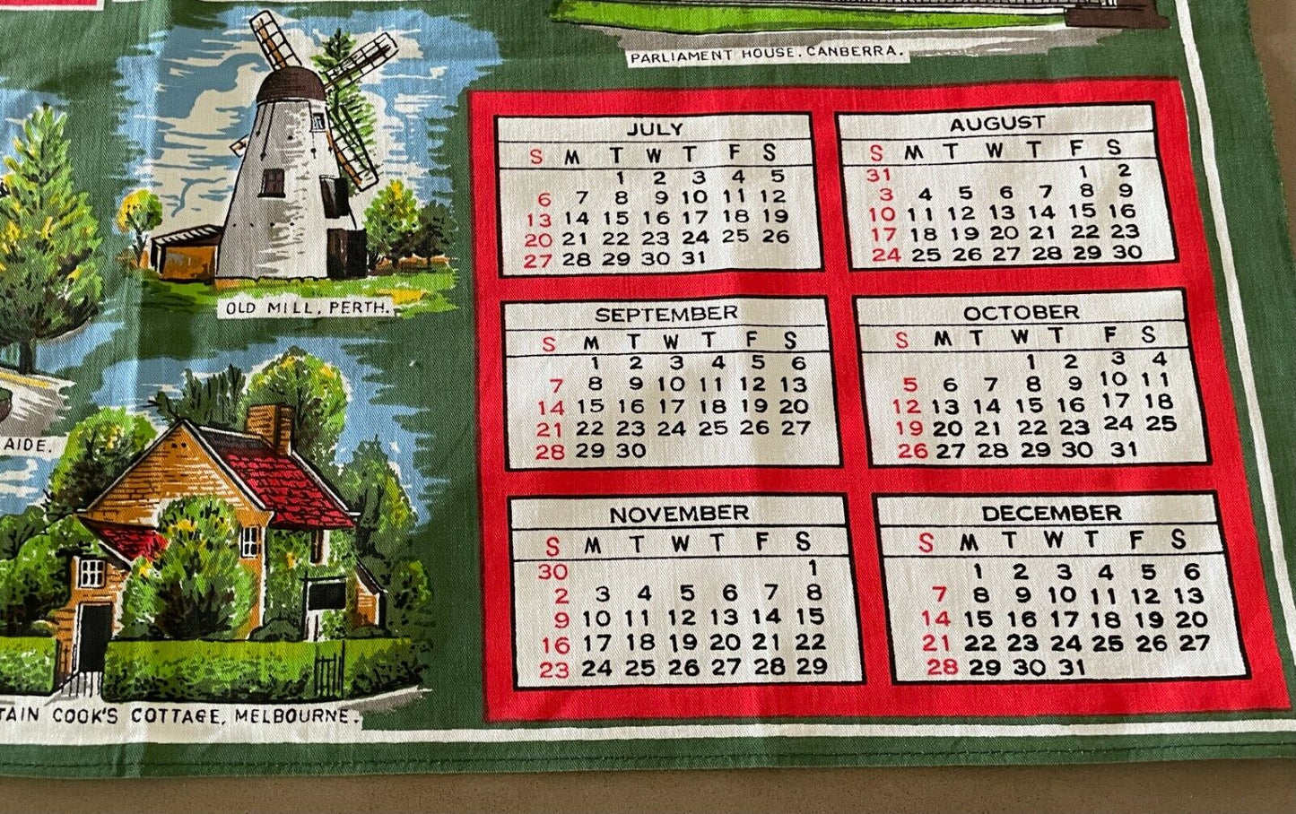 1975 Vintage Tea Towel Australian Capital Cities Calendar Year Souvenir Unused