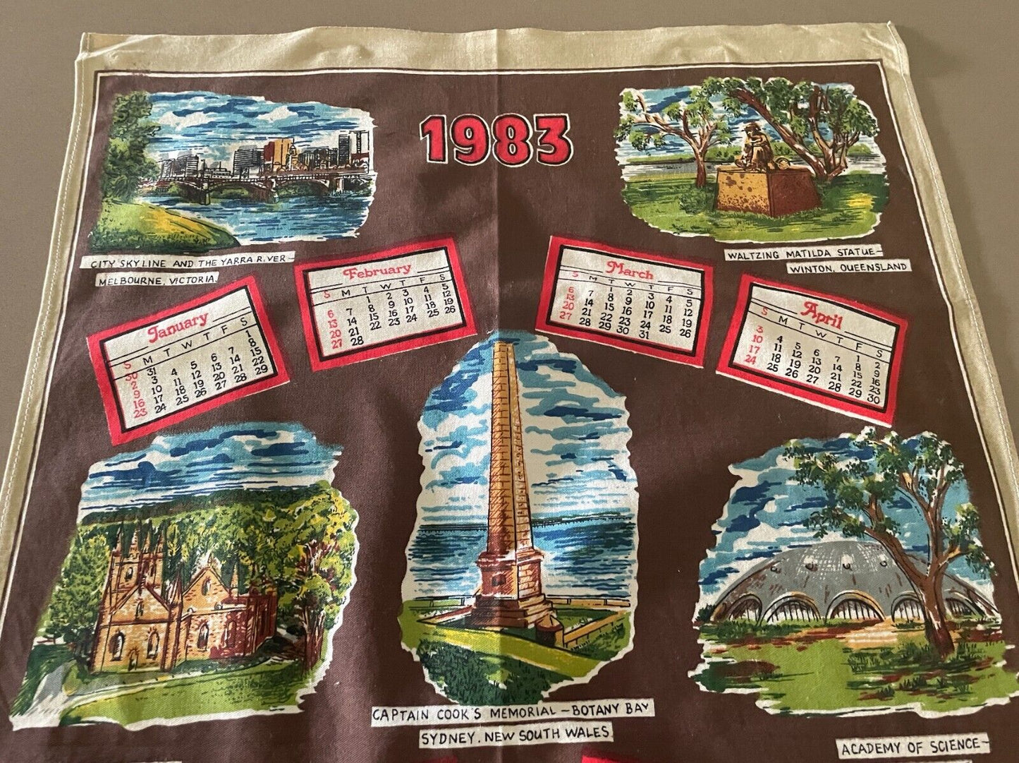 1983 Calendar Year Tea Towel Australia LANDMARKS Tourist Attraction Print Retro