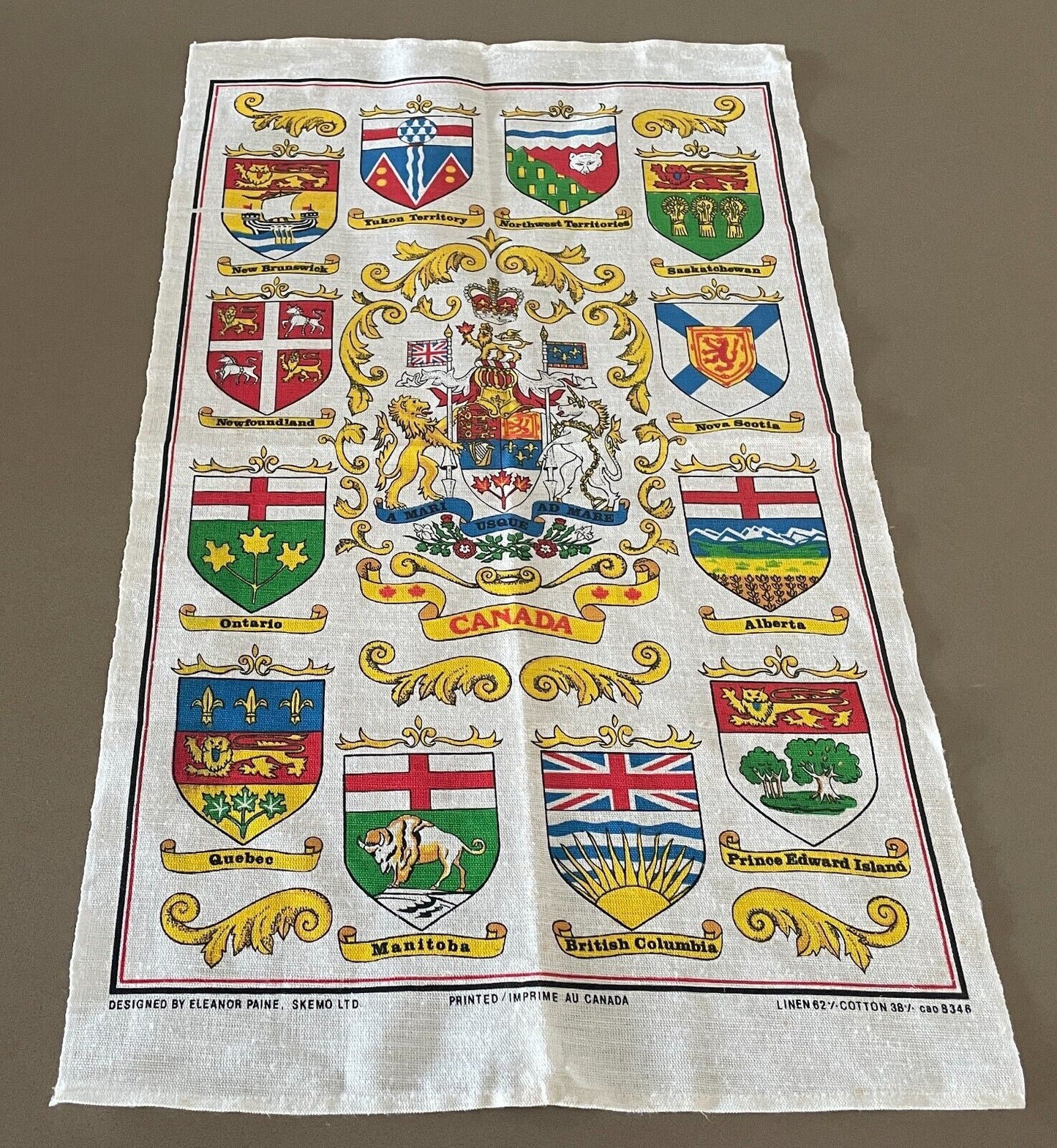 Vintage Tea Towel CANADA Provinces & Territory Crest Print Linen Blend Souvenir