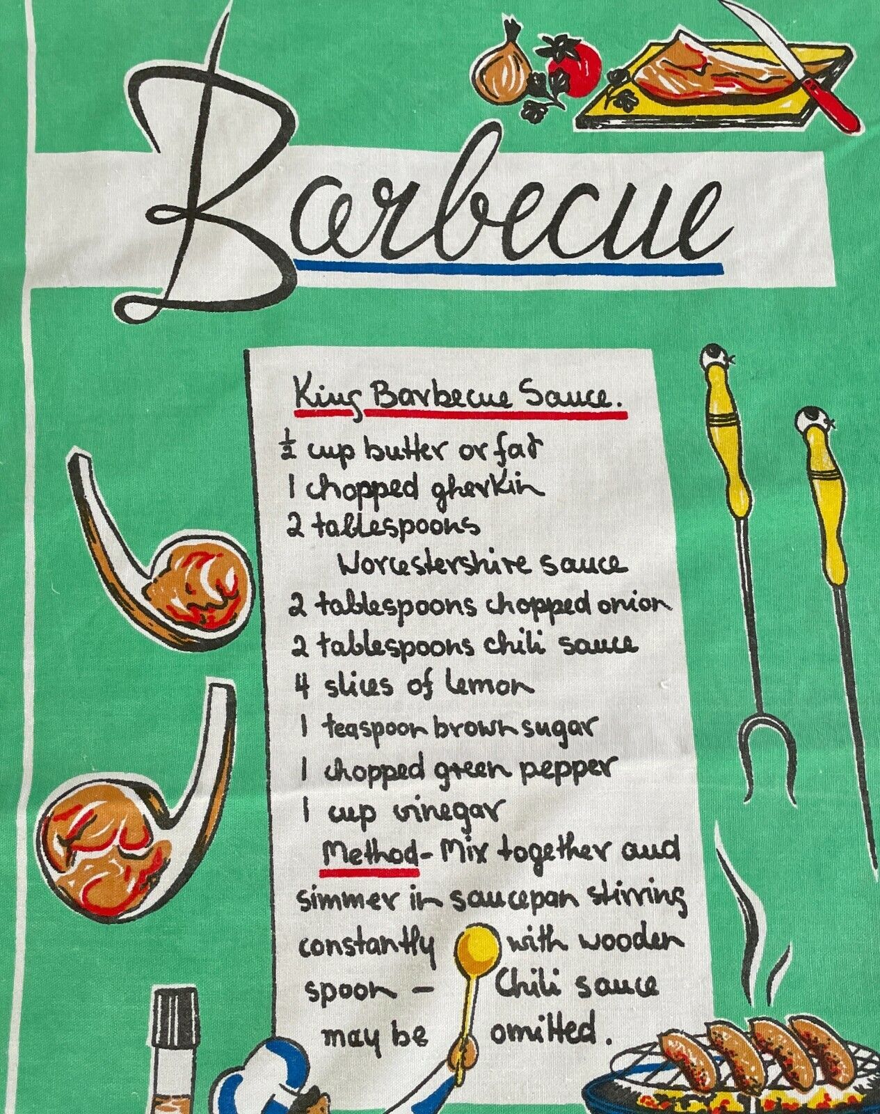 Vintage Tea Towel " King Barbecue Sauce " Recipe BBQ Theme Print Cotton NEW