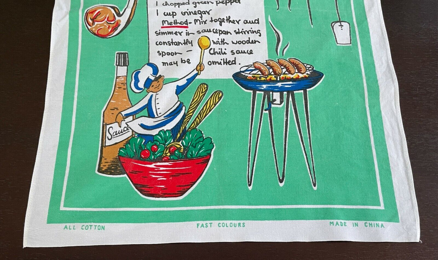 Vintage Tea Towel " King Barbecue Sauce " Recipe BBQ Theme Print Cotton NEW