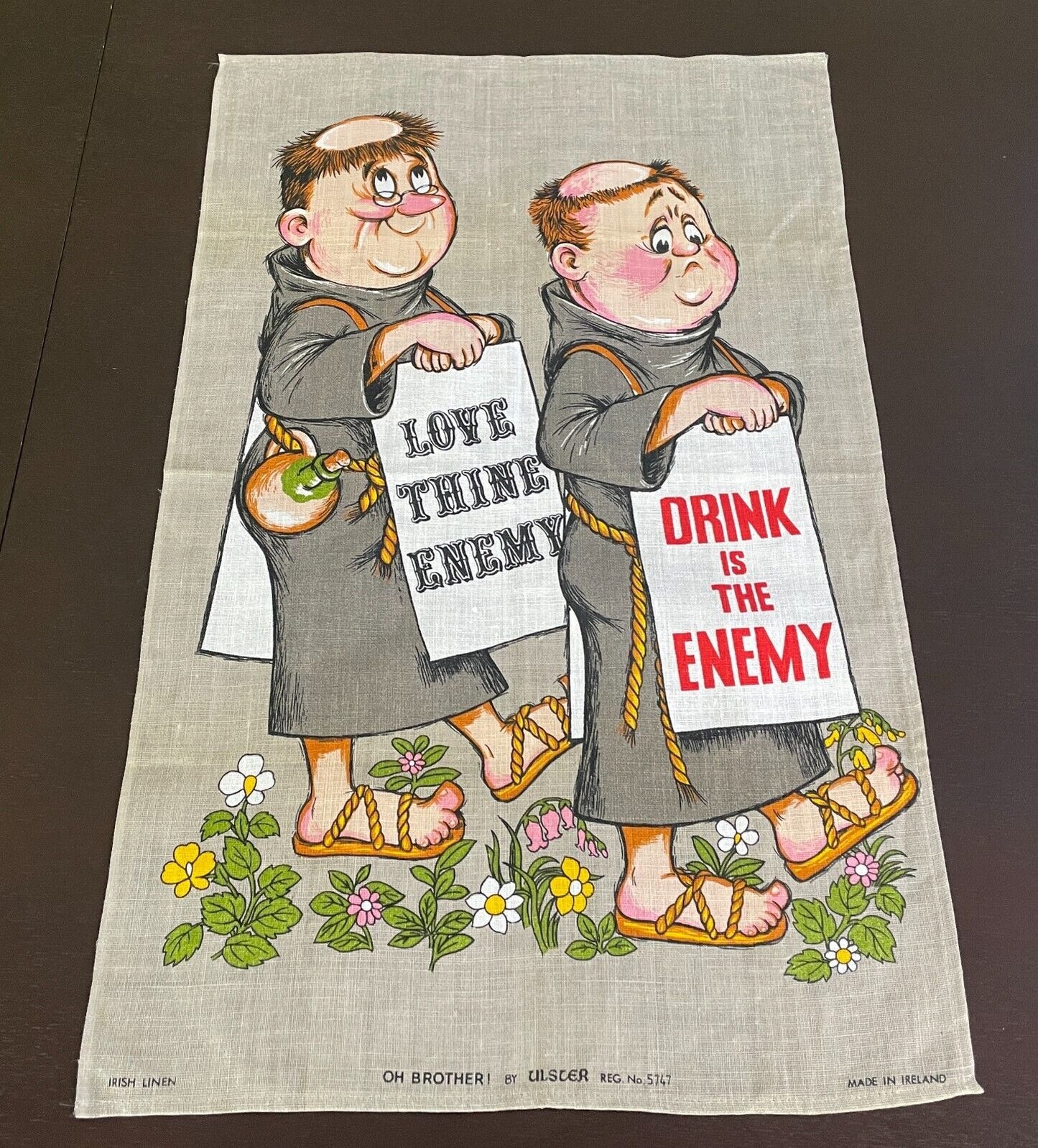 Vintage Tea Towel " Oh Brother " Franciscan Monk Linen Humorous Funny NEW