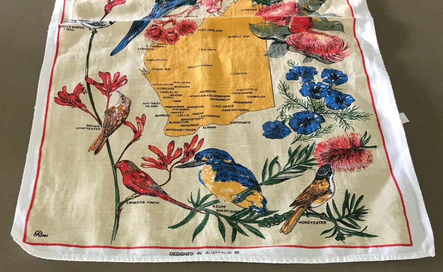 COOK POINT OCEAN BEACH CARAVAN PARK WA Russ Linen Tea Towel Aussie Birds Flowers