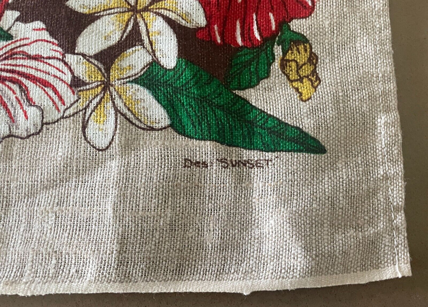 Vintage Tea Towel NI SA BULA FIJI Des SUNSET Tropical Floral Seascape Souvenir