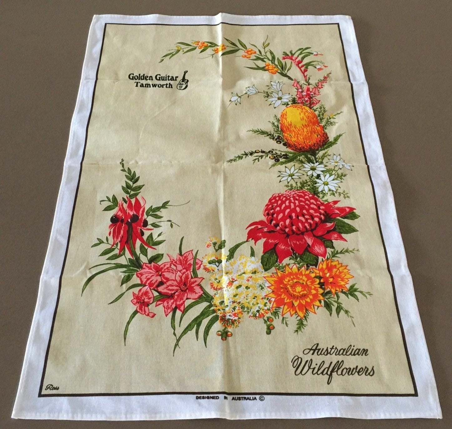 Vintage Tea Towel " Golden Guitar Tamworth " Cotton Linen Souvenir Flowers NEW
