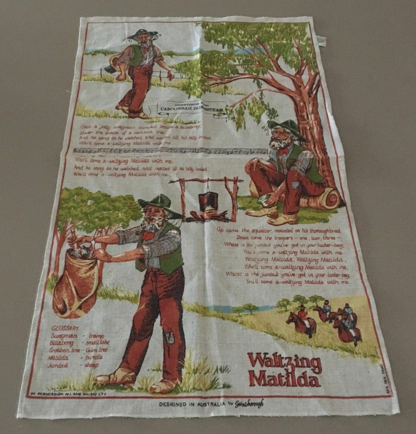 Vintage Linen Tea Towel CABOONBAH HOMESTEAD Waltzing Matilda Lyrics Souvenir