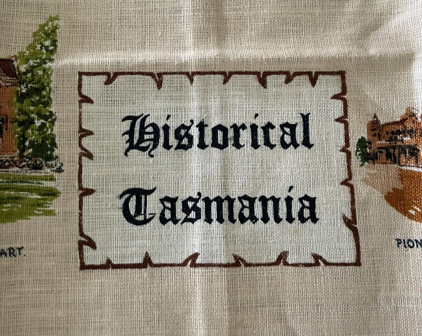 Vintage Tea Towel " Historical Tasmania " Pure Linen Souvenir Unused in Bag NEW