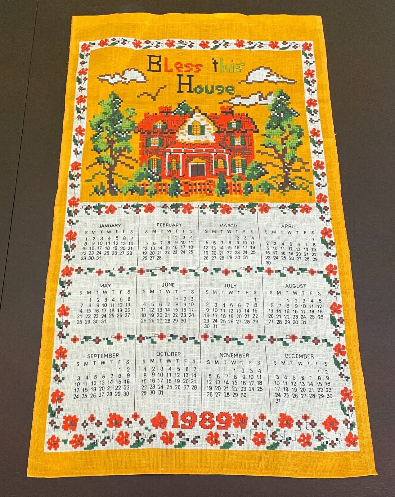 Vintage Tea Towel " Bless This House " Multicoloured Print 1989 Pure Linen NEW