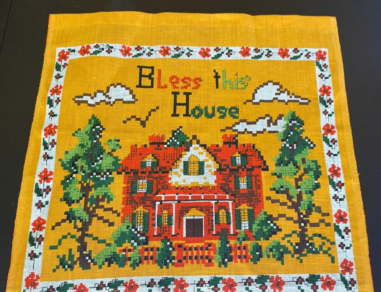 Vintage Tea Towel " Bless This House " Multicoloured Print 1989 Pure Linen NEW
