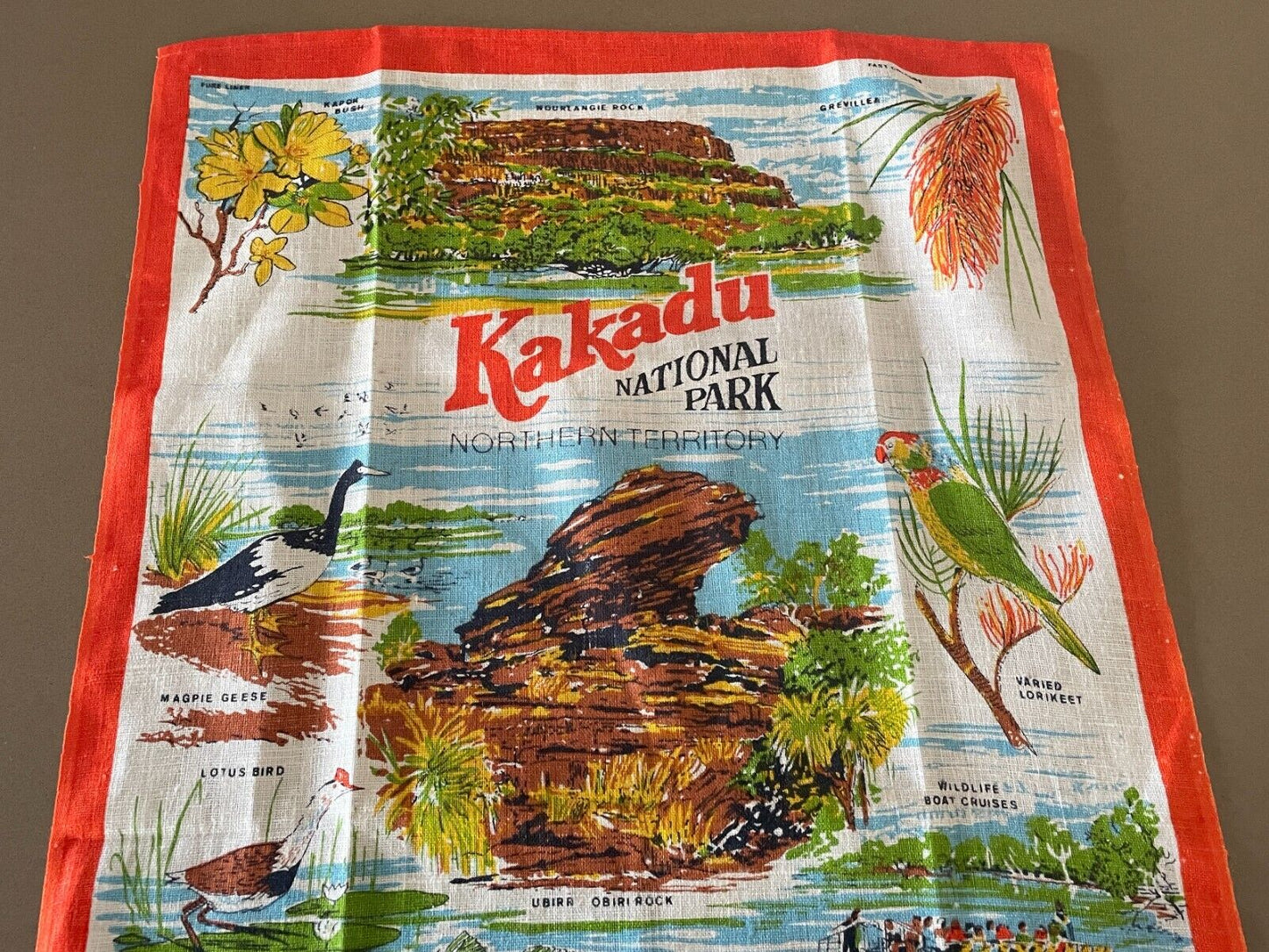 Vintage KAKADU National Park NT Tea Towel Souvenir Flora and Fauna Print NEW
