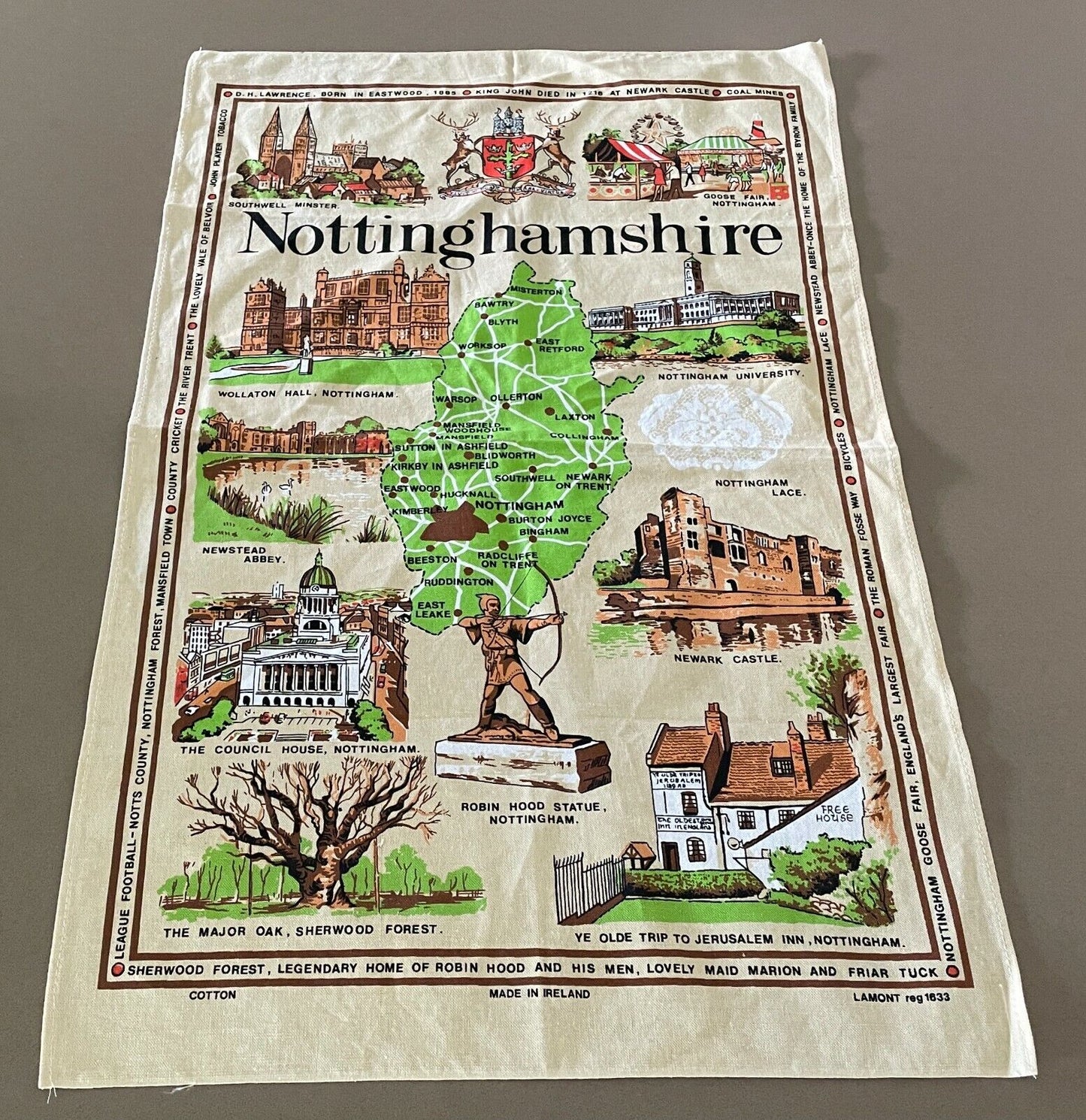 Vintage Tea Towel " Nottinghamshire UK " Print Souvenir Ireland Linen Cotton NEW