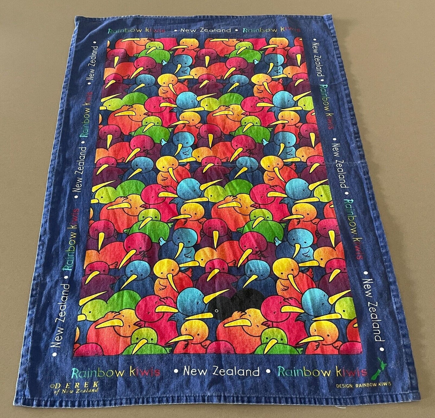Tea Towel DEREK OF NEW ZEALAND Rainbow Kiwi Multicolour Souvenir Cotton