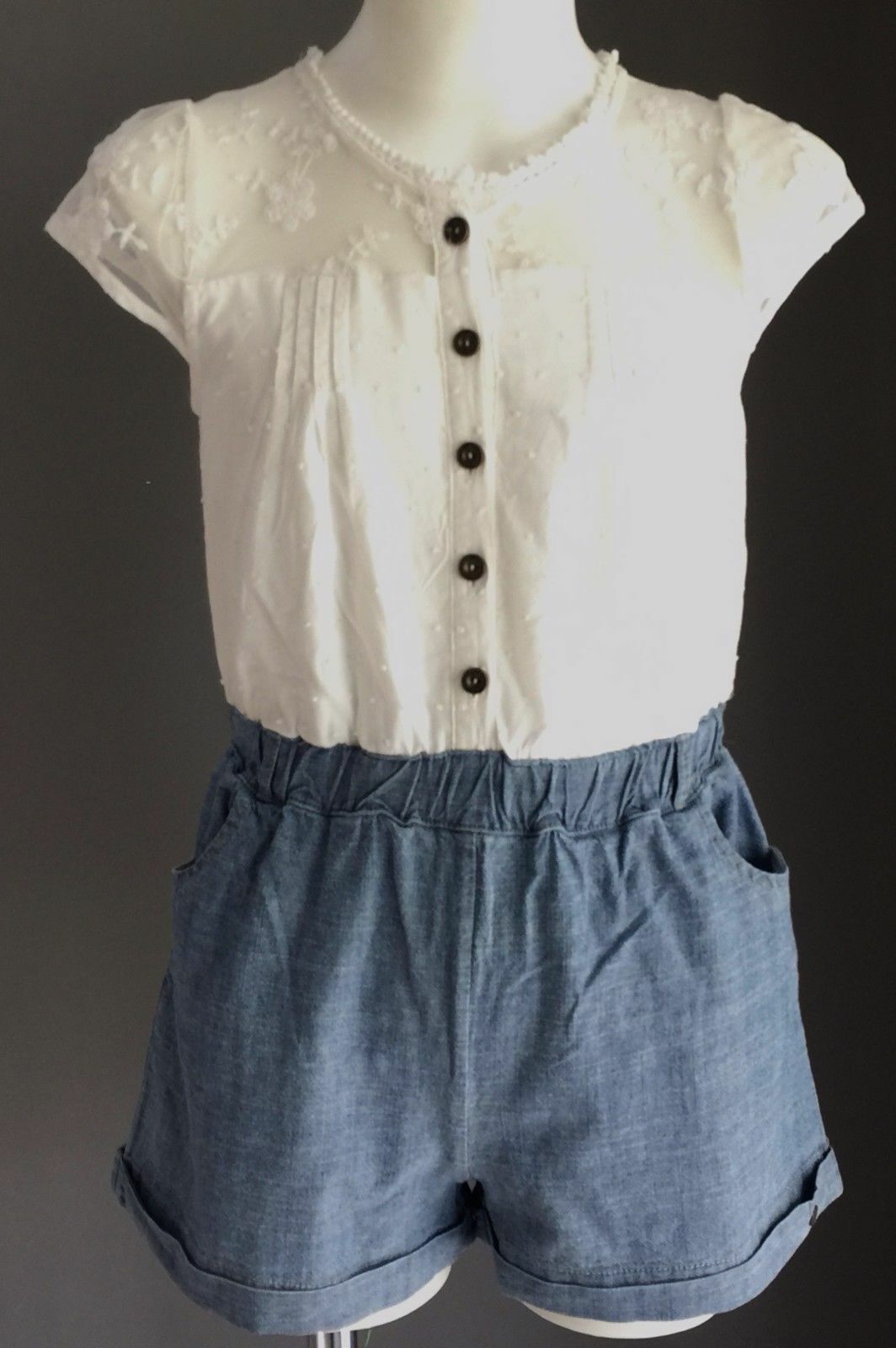LEE COOPER Shorts Onepiece Girls White & Chambray Denim Playsuit Romper Size 6