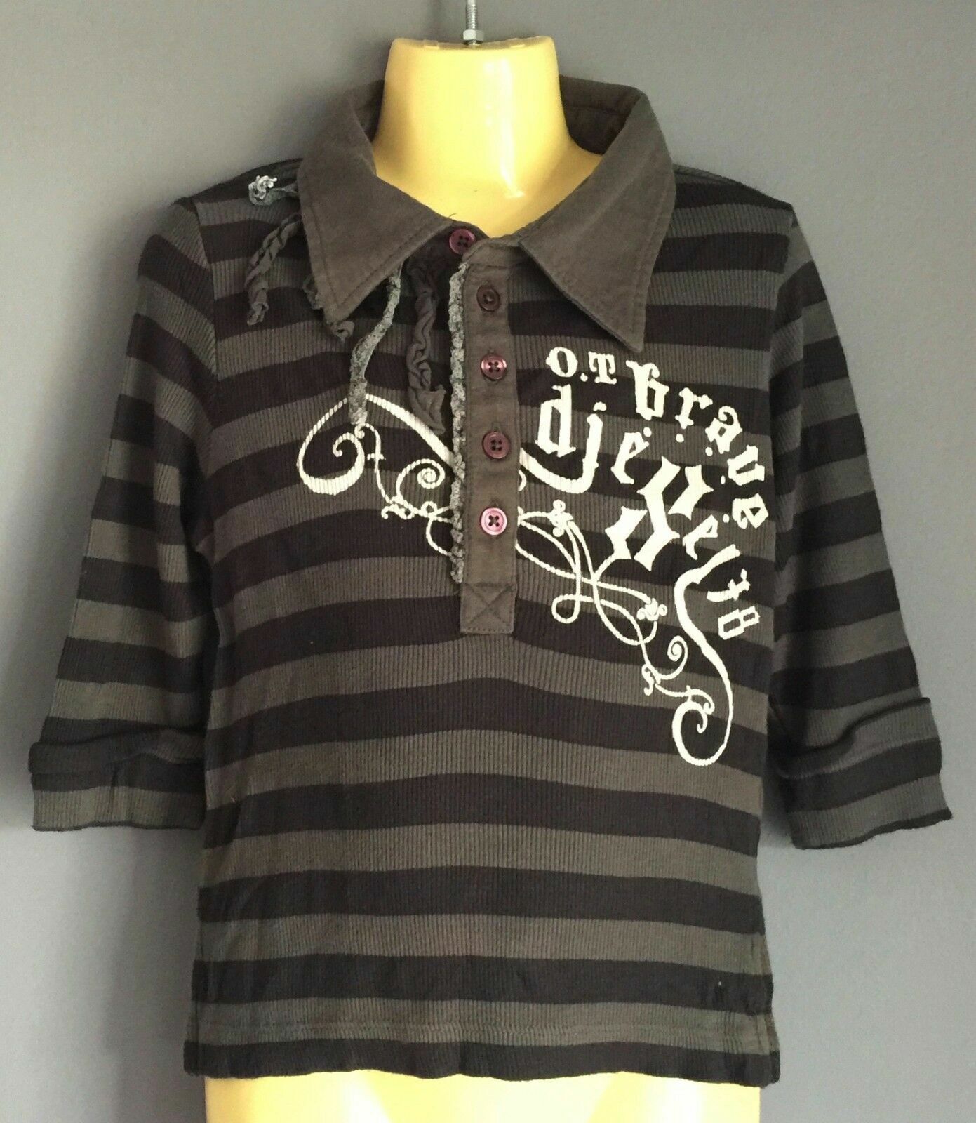 DIESEL Polo Shirt Khaki Stripe Long Sleeve Top Teen Boys Size S 5yrs