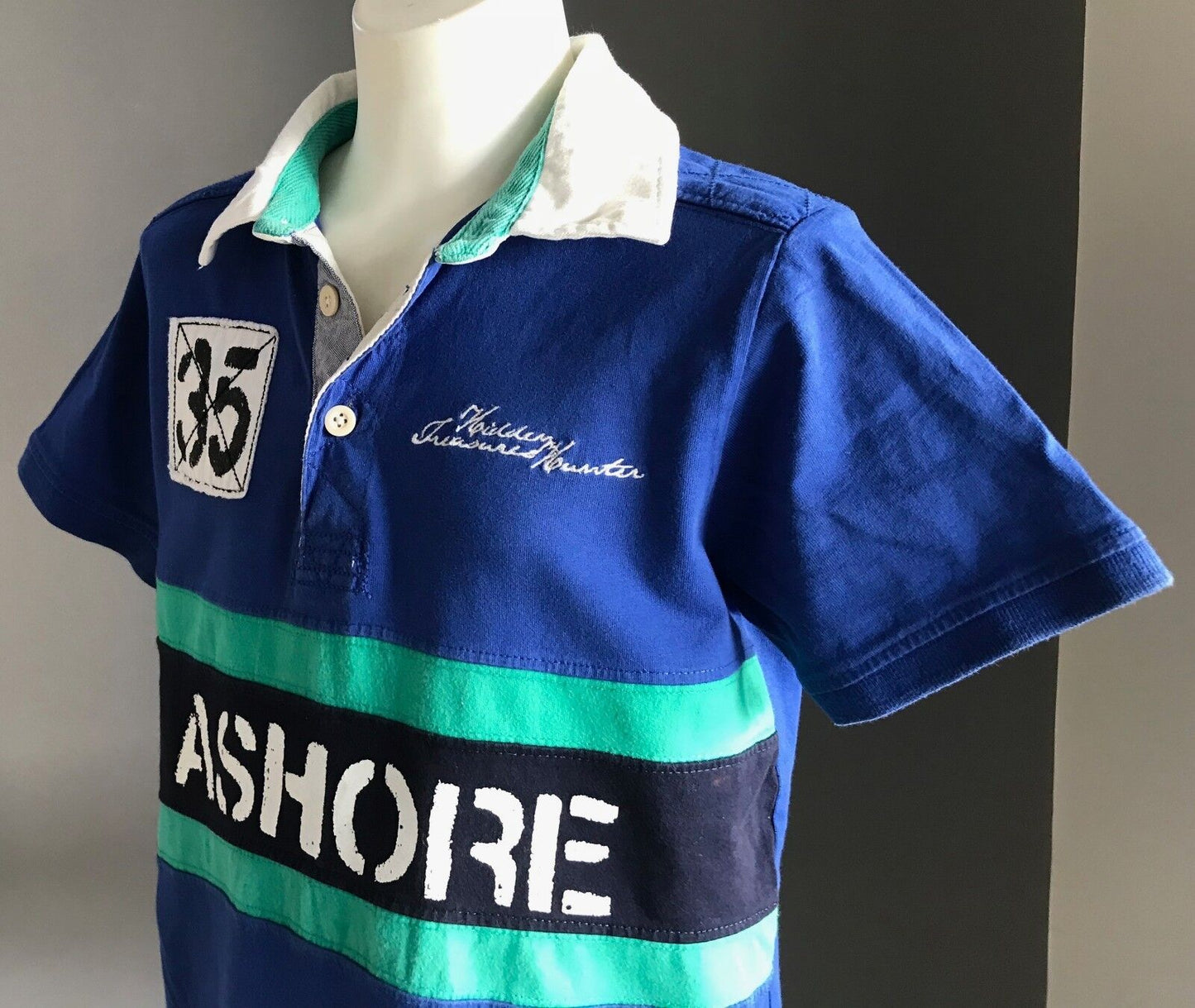 ZARA Polo Shirt 35 ASHORE Blue White Green Short Sleeve Nautical Boys 9 - 10 yr