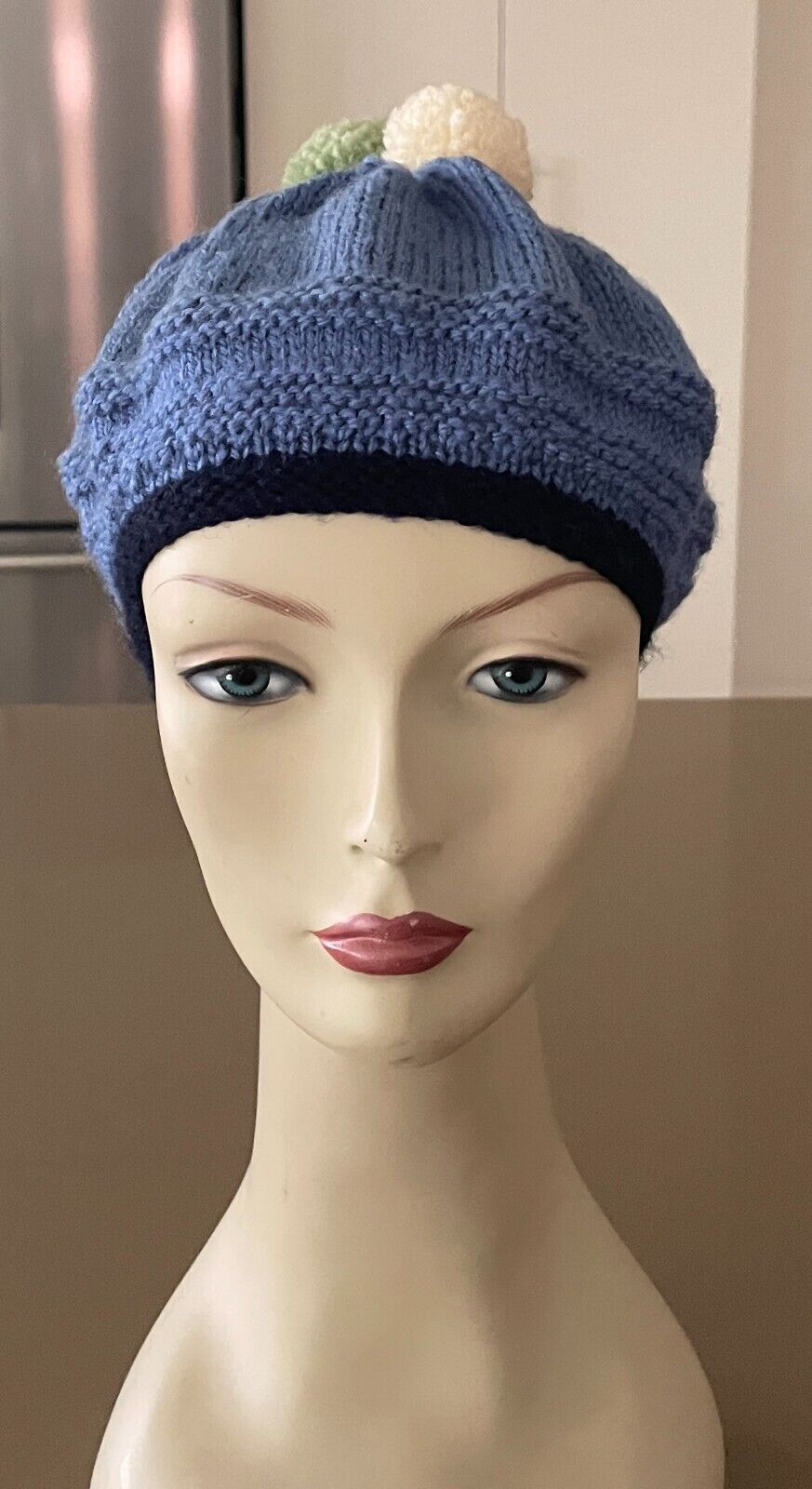 Beret Hand Knitted Blue Green & Off White Pom Pom Trim Ladies OSFA Beanie