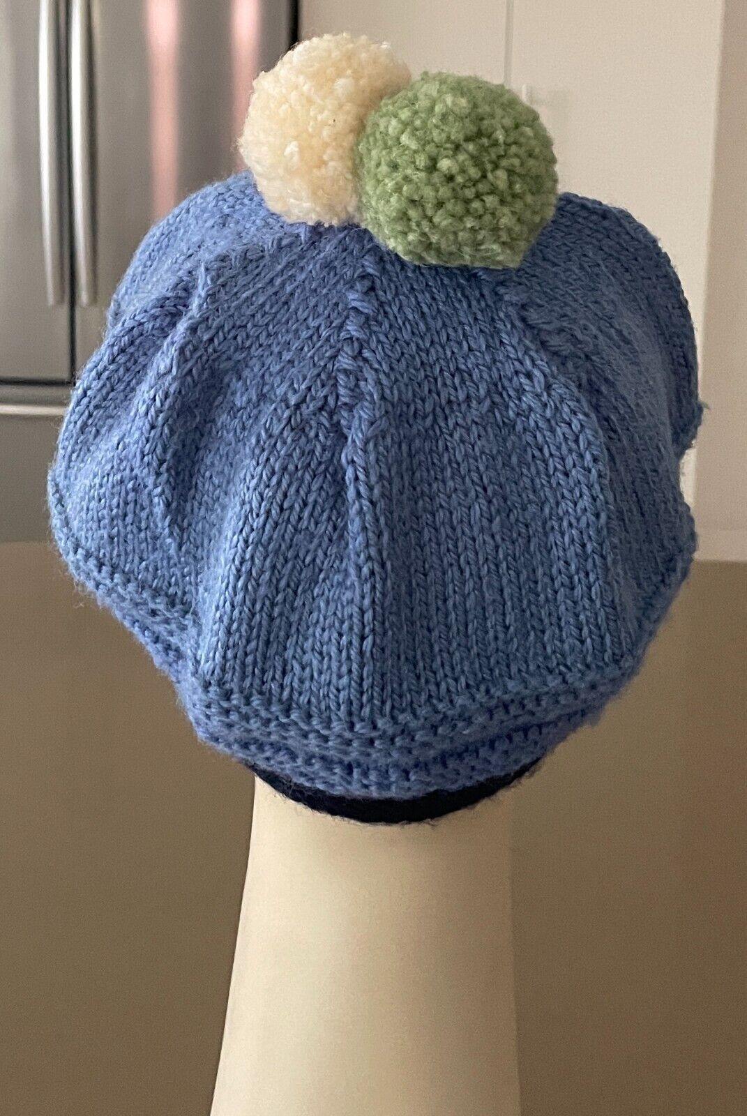 Beret Hand Knitted Blue Green & Off White Pom Pom Trim Ladies OSFA Beanie