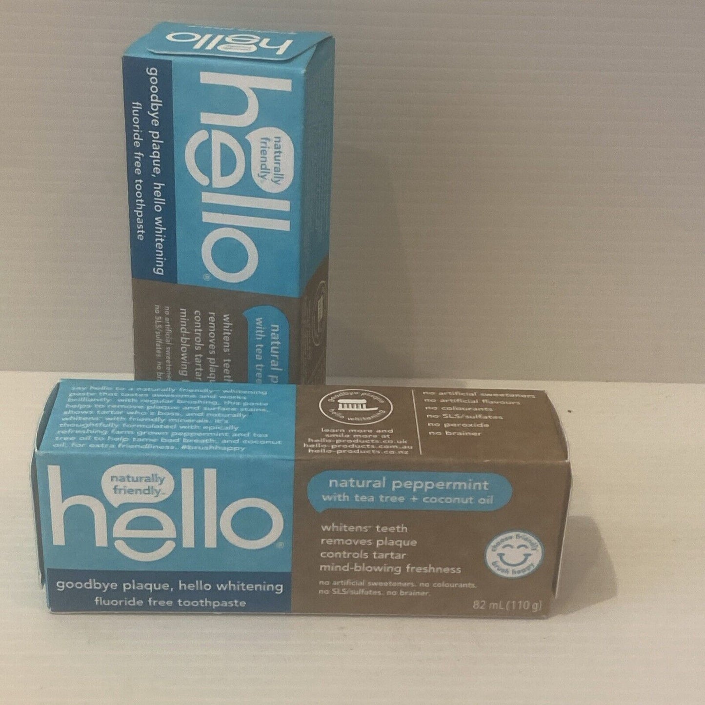 2 Pack Hello Antiplaque + Whitening Toothpaste FLUORIDE FREE Peppermint 110gm