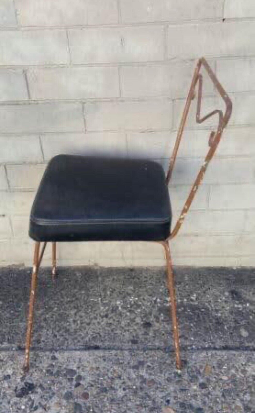 1950’s Rustic Wrought Vanity Chair Mid Century Slim 69cm Black Vinyl Seat
