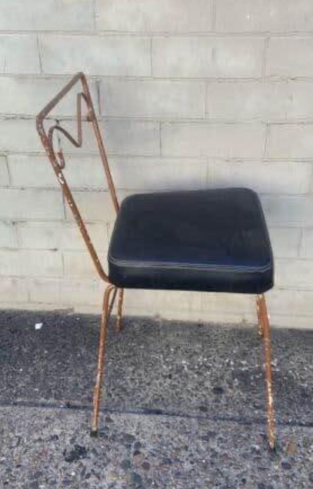 1950’s Rustic Wrought Vanity Chair Mid Century Slim 69cm Black Vinyl Seat