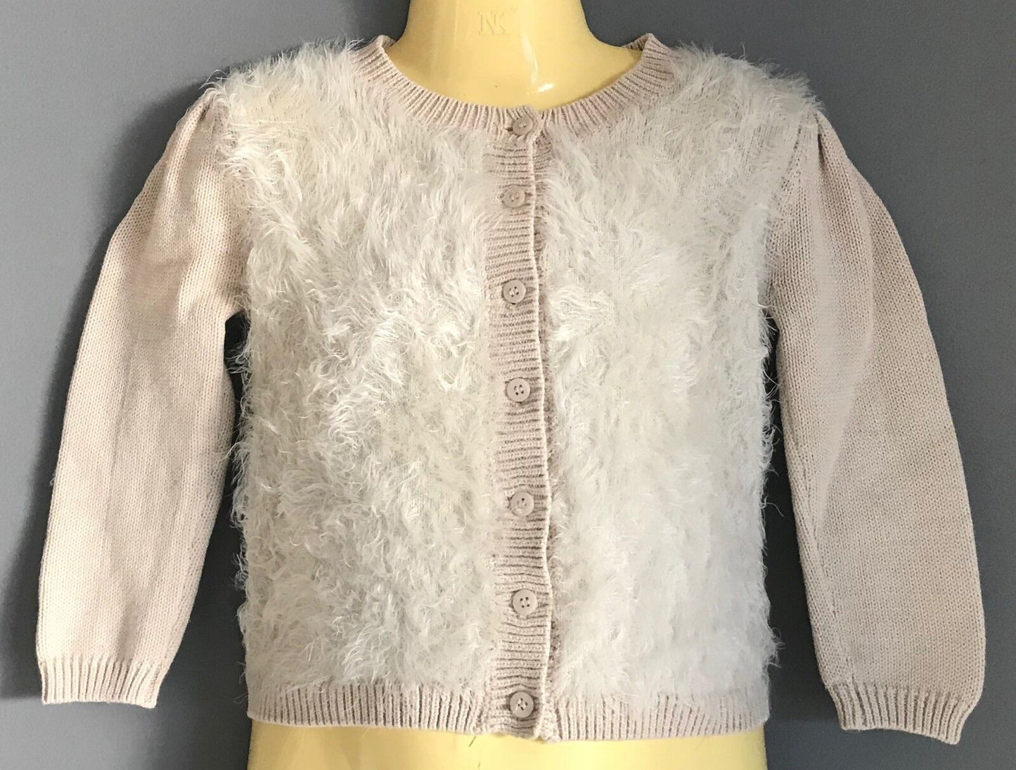 Baby Girl BEBE by MINIHAHA Knit Ivory "Fluffy" Front Trim Cardigan Size 18mths