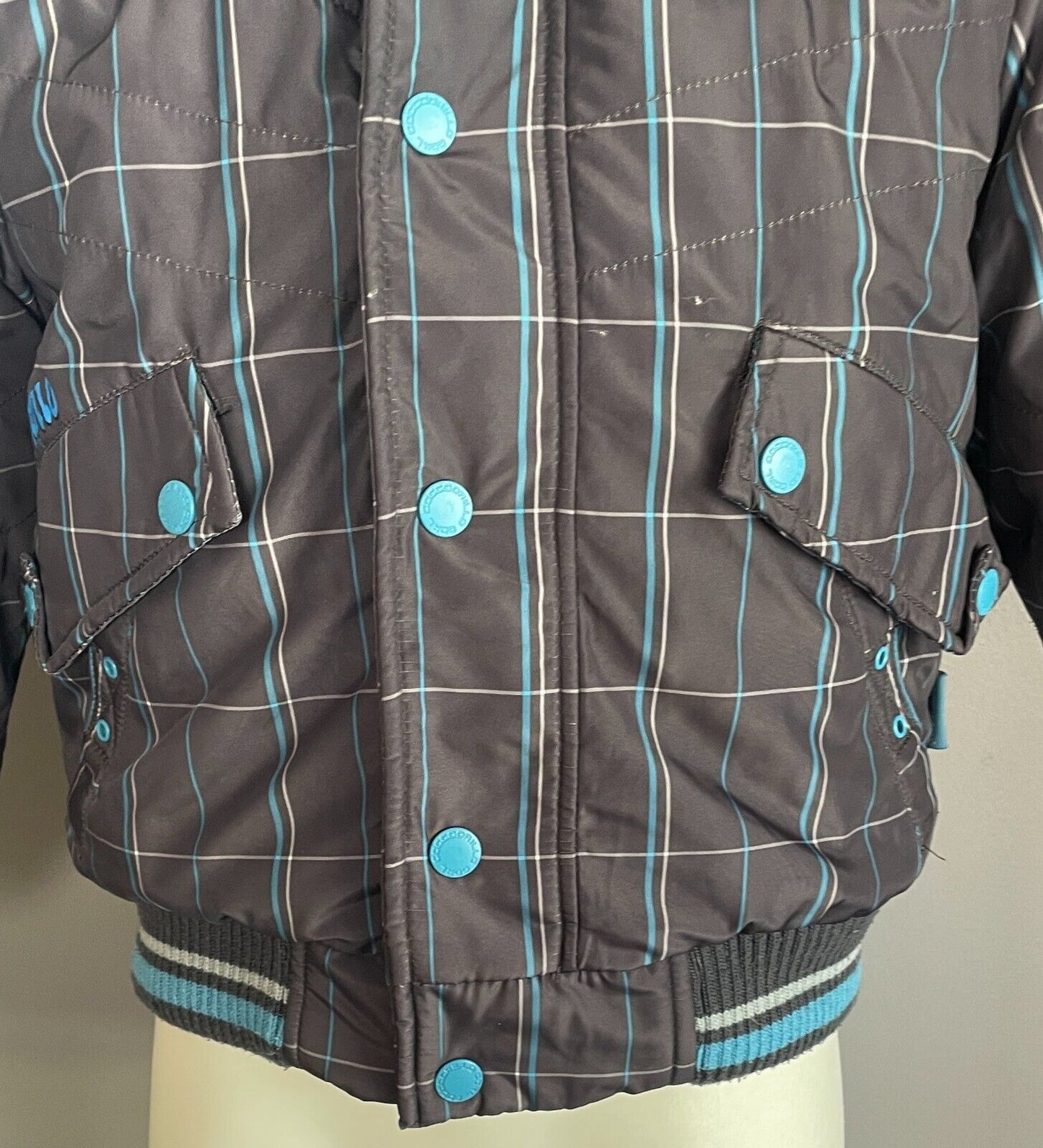 COCCODRILLO Boys Jacket Grey Blue White Check Size 4 Insulated Thick Warm PARKA
