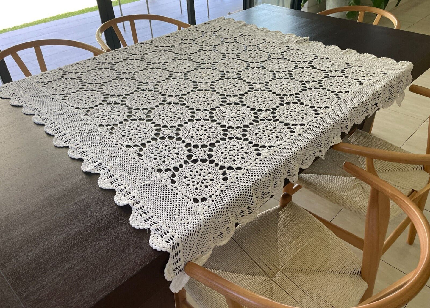Crochet Lace TABLE CLOTH 1970s White Cotton Square (ish) Bedspread 140 x 147cm