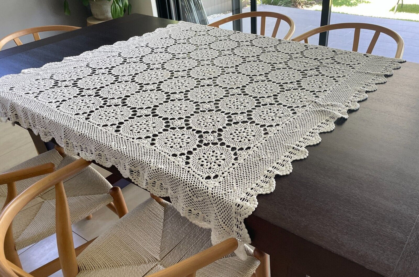 Crochet Lace TABLE CLOTH 1970s White Cotton Square (ish) Bedspread 140 x 147cm