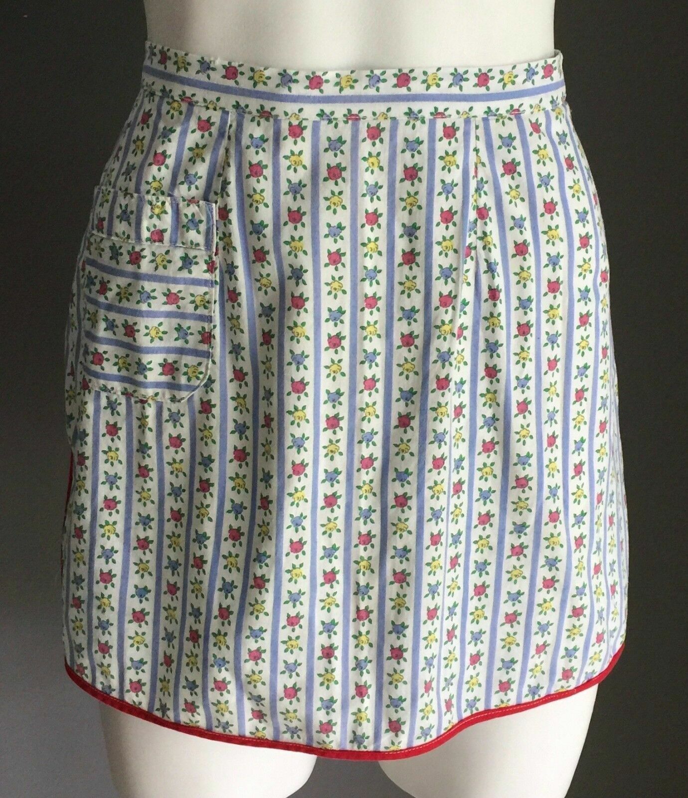 Girls Kitchen Apron Red Blue Yellow Rose Stripe Waist Tie Vintage Waist 16cm