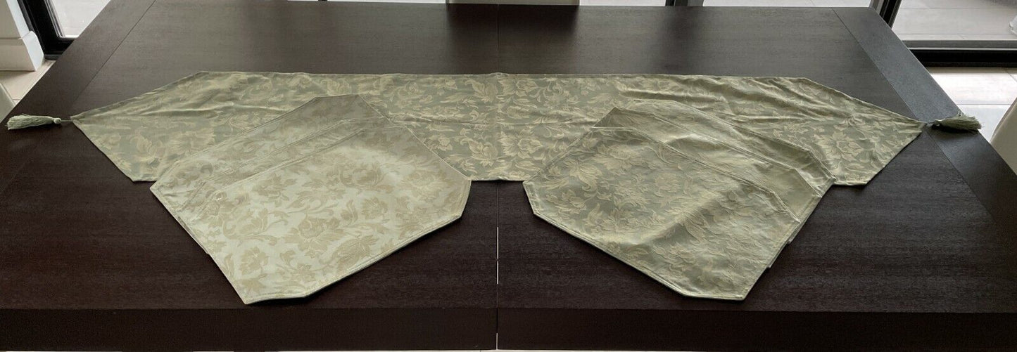 MY HOUSE Table Runner + 6 Place Mats Light Khaki Jacquard Fabric Tassel Trim NEW