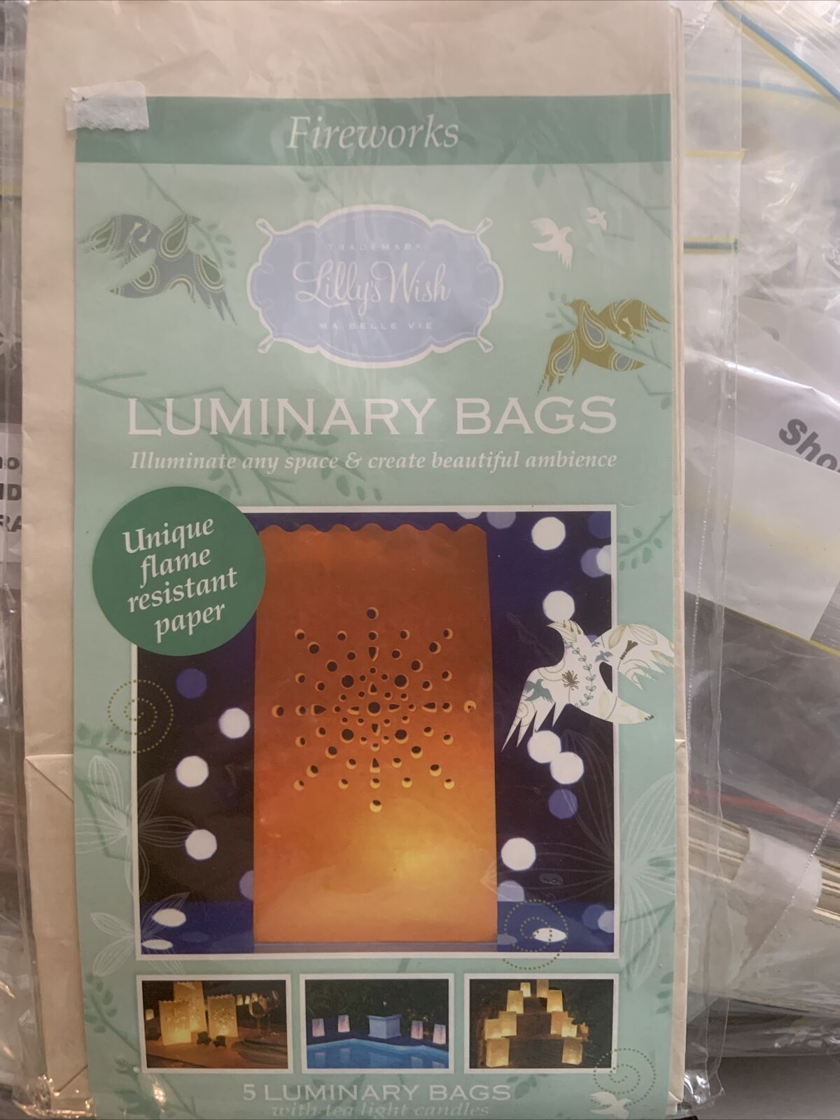 New Pack of 5 FIREWORKS Luminary Bags w Tealight Candles Flame Resistant Paper