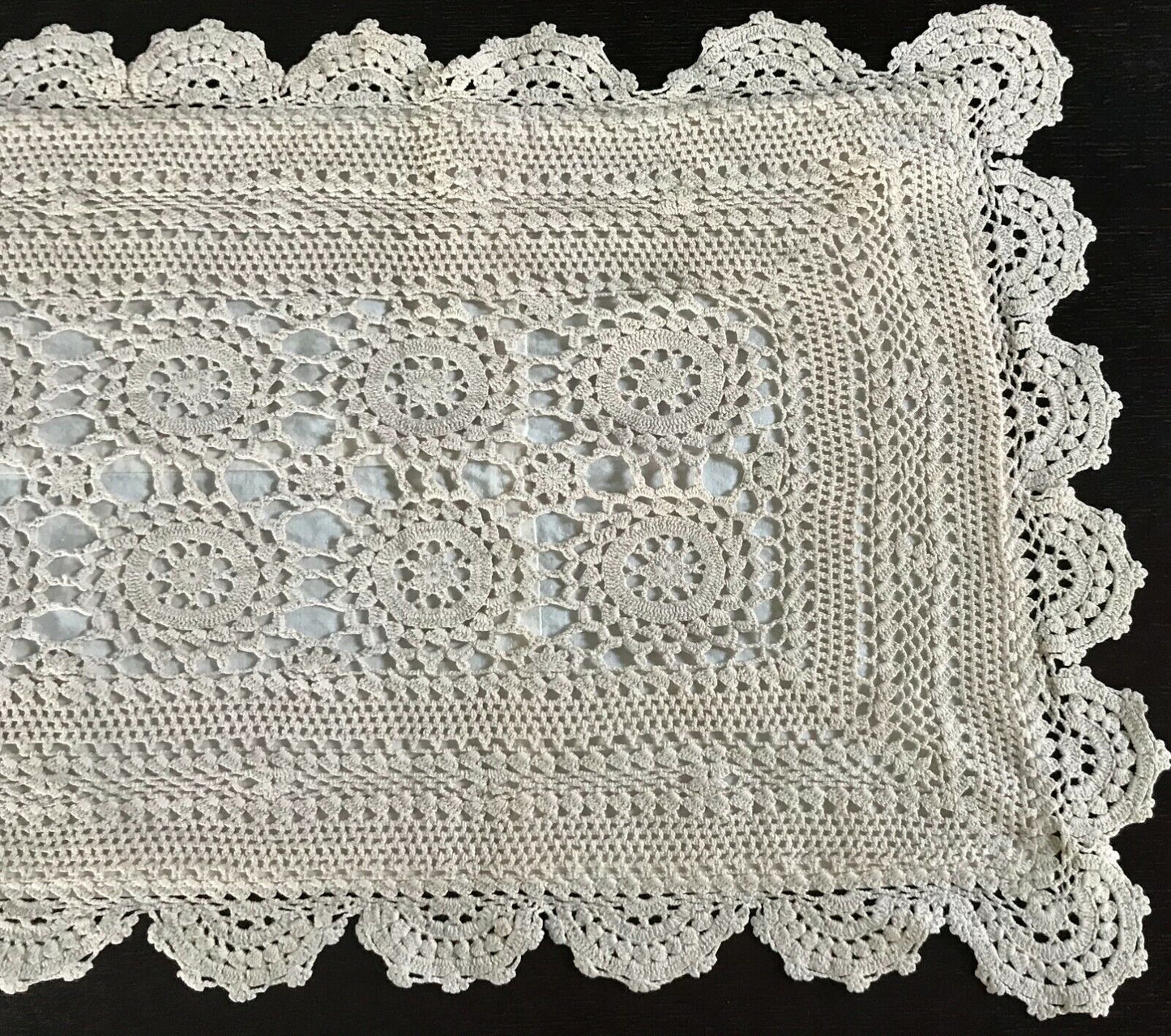 TABLE RUNNER Hand Crochet Lined Doily Rectangle Doilies 90.5 x 36cm Bone Colour