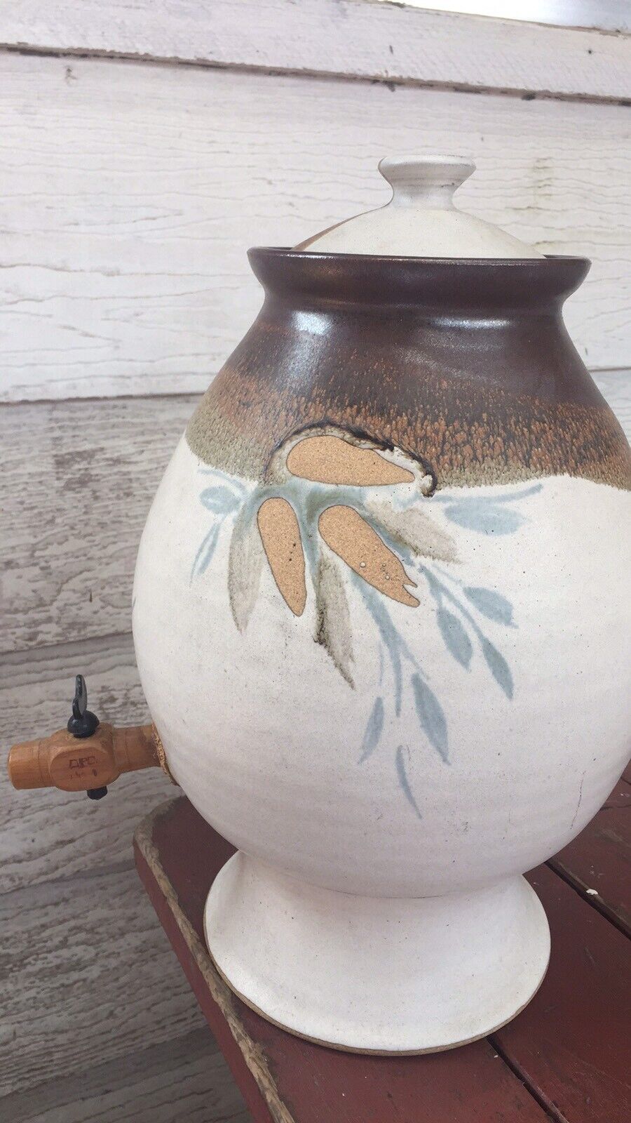 Vintage 32cm POTTERY URN W TAP & lid