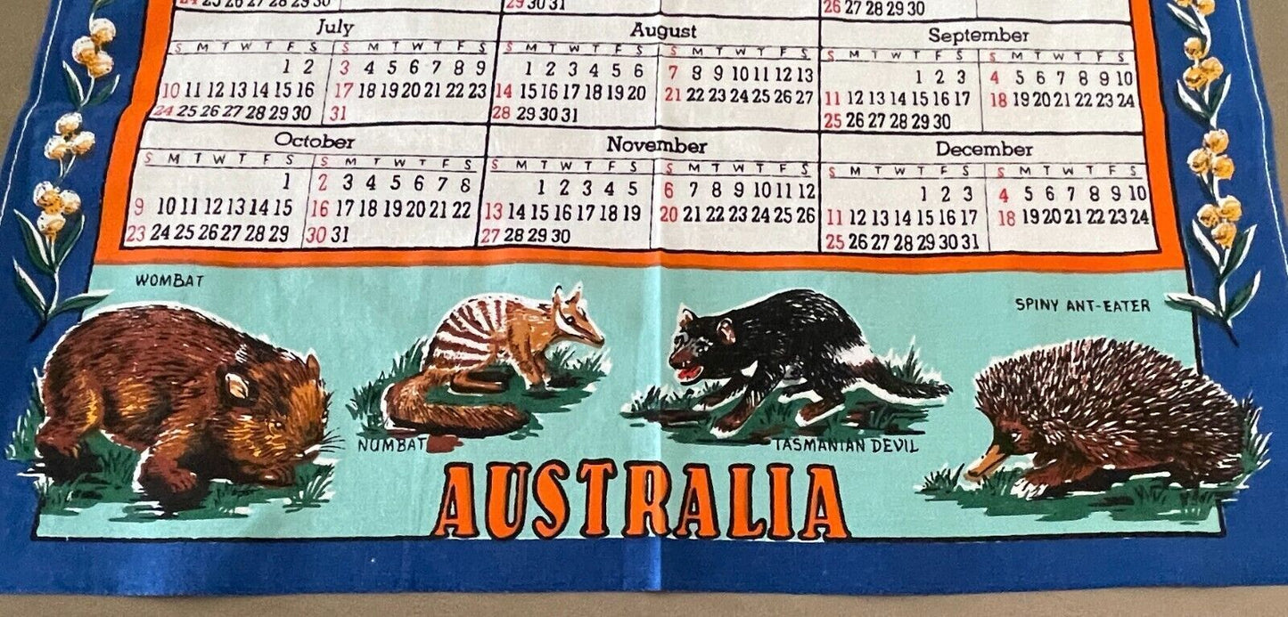 Vintage " 1983 " Tea Towel Australia Map Australian Animals Wildflower Print NEW