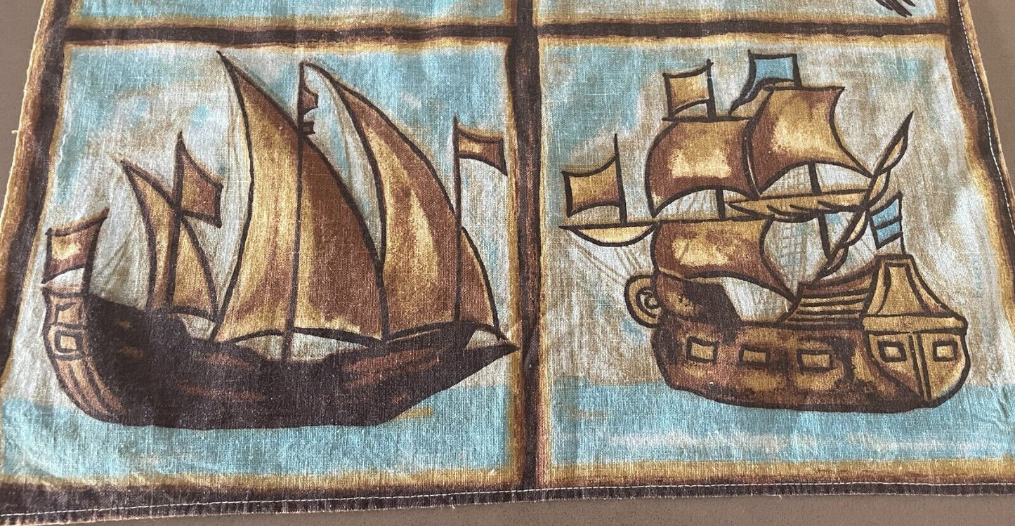 Vintage Cotton Tea Towel TALL SHIPS Print Nostalgic Brown Blue Yellow NEW