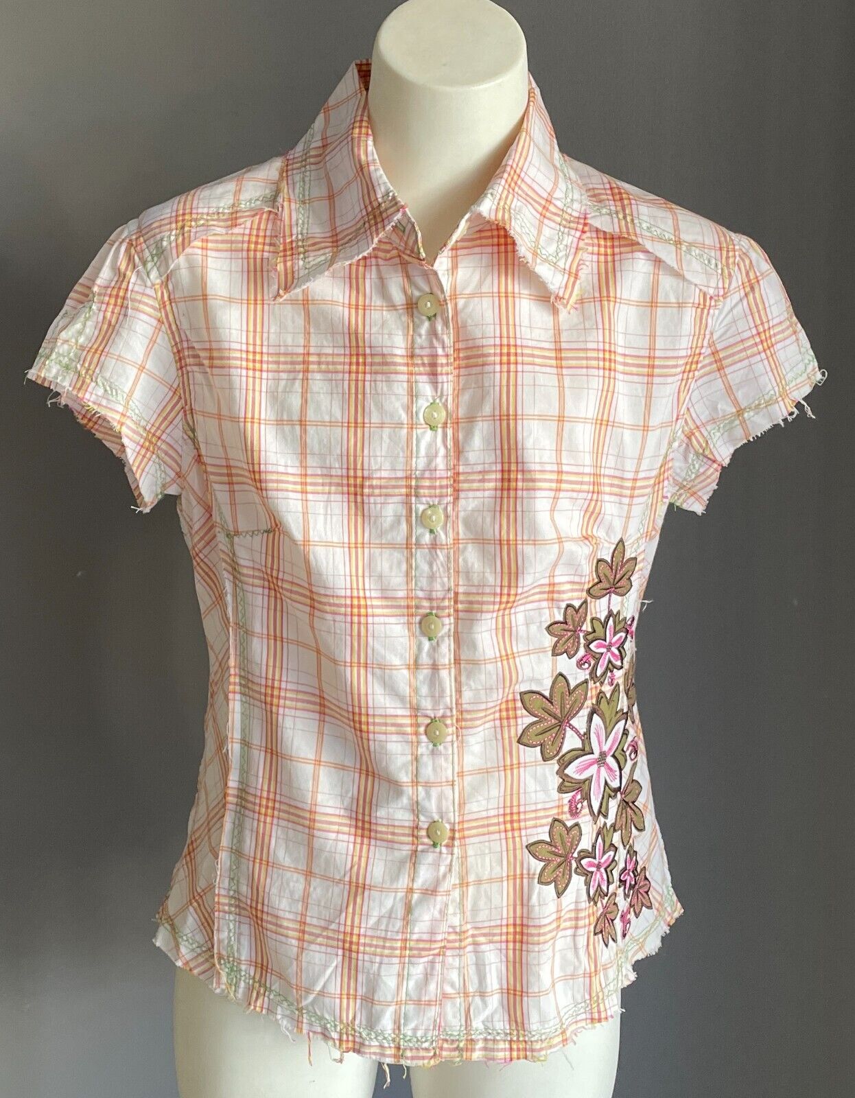 Vintage Girls MARY-KATE AND ASHLEY Cap Sleeve Check Shirt Sze 10 Floral Applique