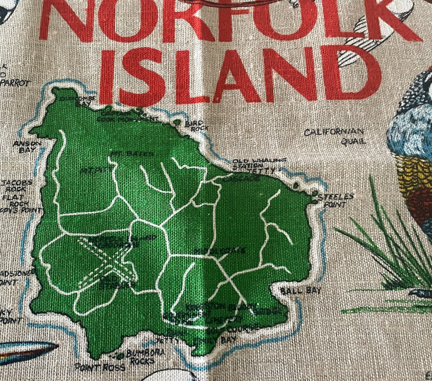 Vintage Tea Towel BIRDS OF NORFOLK ISLAND Map of Norfolk Island Print Souvenir