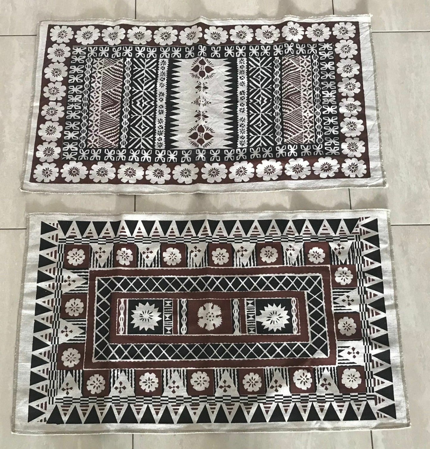 Vintage Tea Towel Pure Linen TRIBAL FIJI Beige Brown & Black Batik Print #1 NEW