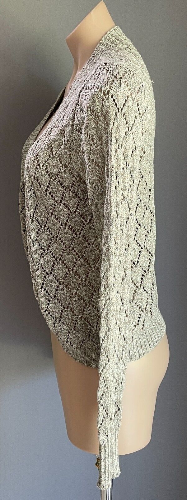 WITCHERY Cardigan Open Knit Bolero Khaki Gold Green Thread Long Sleeve Size L