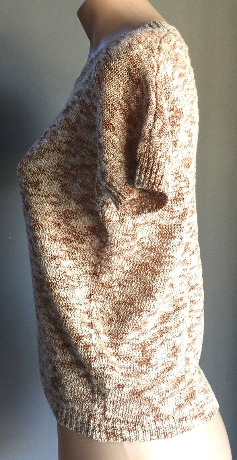 WITCHERY Top Short Sleeve Sweater Beige Rust & Gold Metallic Lurex Sz XS 10 NEW
