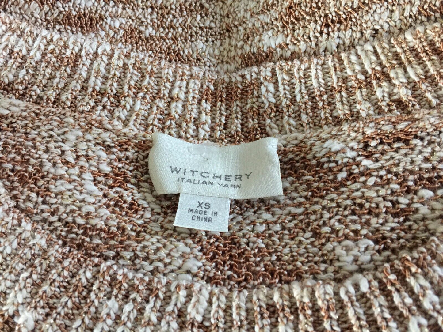 WITCHERY Top Short Sleeve Sweater Beige Rust & Gold Metallic Lurex Sz XS 10 NEW
