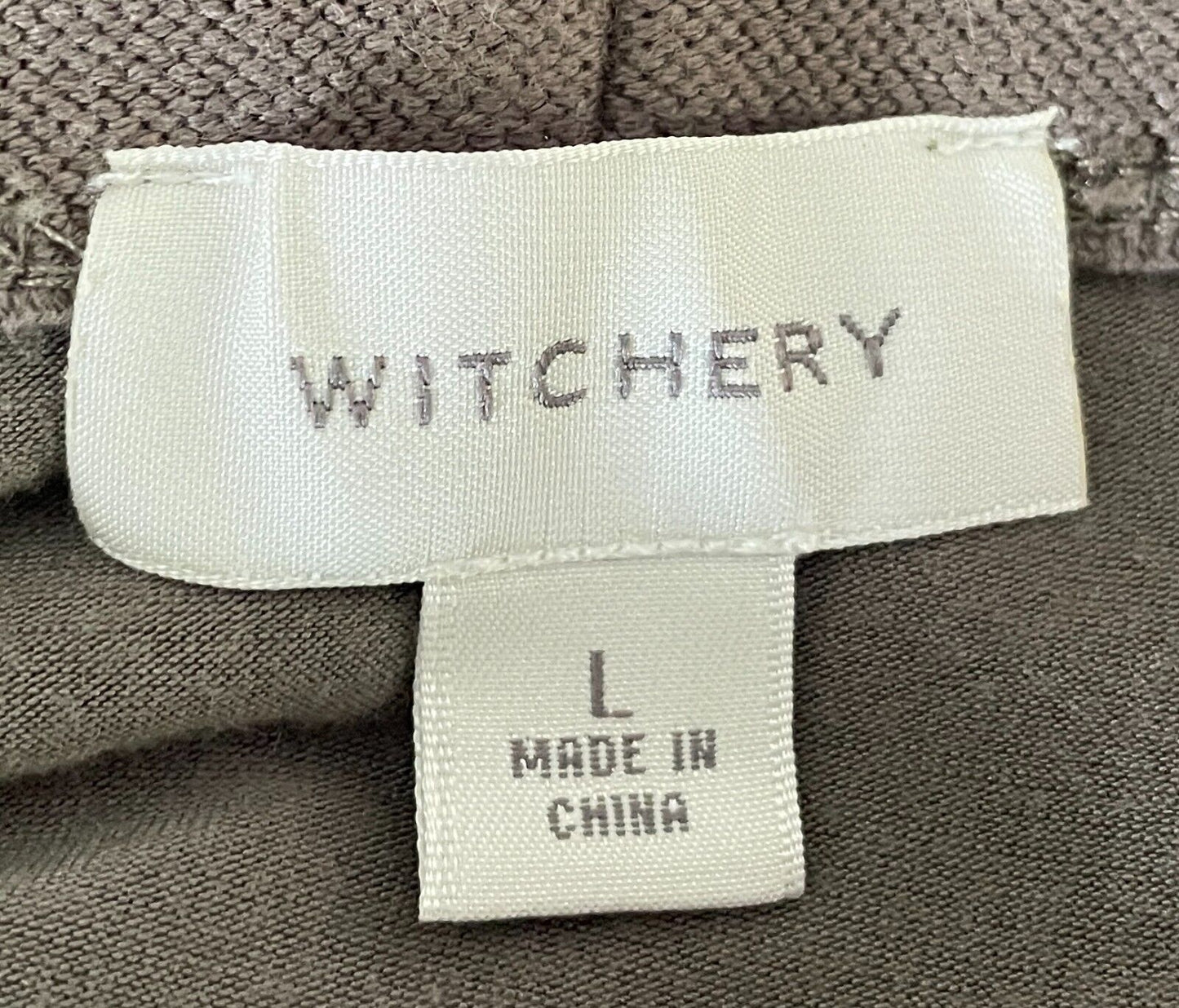 WITCHERY Skirt Khaki Elastic Pleated Waist Stretch Knit Size L Lined Knee Length